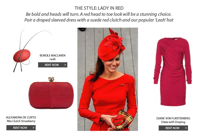 THE STYLE: LADY IN RED
Be bold and heads will turn. Try a meduim red and a head to toe look will be a stunning choice. Pair a draped sleeved dress with a suede red clutch and our popular Leah hat