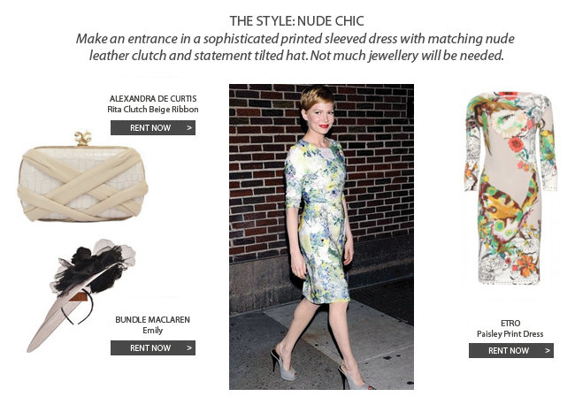 THE STYLE: NUDE CHIC
Make an entrance in a sophisticated printed sleeved dress with matching nude leather clutch and statement tilted hat. Not much jewellery will be needed.