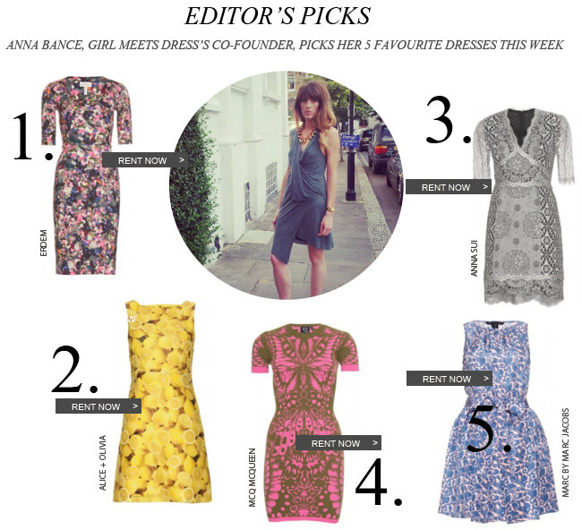 Editor's Picks - Anna Bance, Girl Meets Dress Co-Founder, picks her 5 favourite dresses this week from designers Erdem, Anna Sui, Alice + Olivia, Marc by Marc Jacobs and MCQ Mcqueen