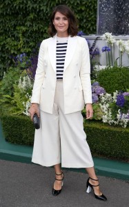 Gemma Arterton looks elegant on day three of play in cream culottes with a matching jacket, worn over a classic breton jumper