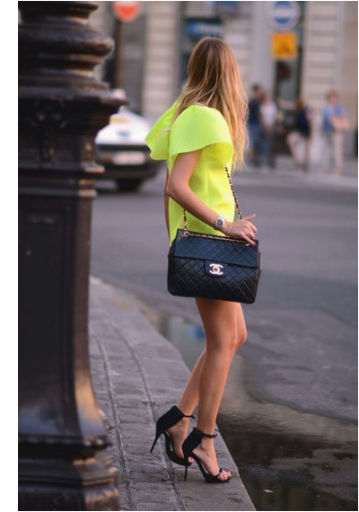 Yellow dress with Chanel shoulder bag